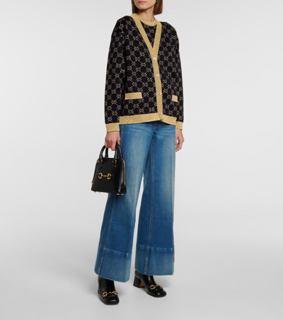 Shop Gucci Women Blue/gold Gg Supreme Lurex And Cotton Knit  Cardigan