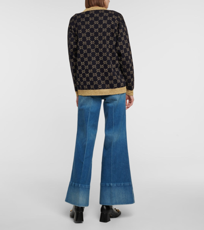 Shop Gucci Women Blue/gold Gg Supreme Lurex And Cotton Knit  Cardigan