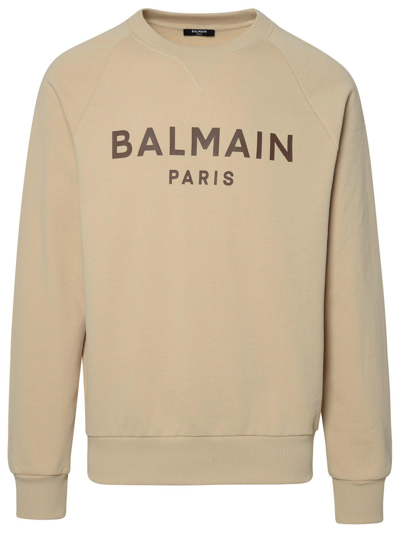 Shop Balmain Logo Printed Crewneck Sweatshirt In Ivoire/marron