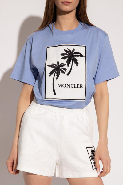 Shop Moncler Palm-tree Graphic Printed Crewneck T-shirt In Blue