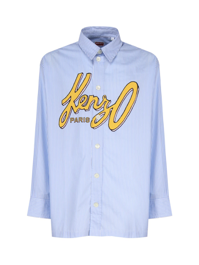 Shop Kenzo Cotton Shirt With Stylized Logo In Blue