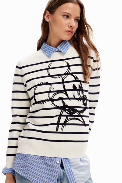 Shop Desigual Striped Mickey Mouse Pullover In White