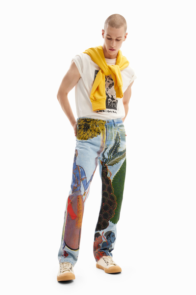 Shop Desigual Straight India Print Jeans In Blue