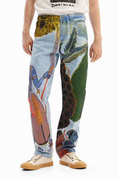 Shop Desigual Straight India Print Jeans In Blue