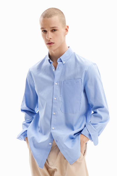 Shop Desigual Patchwork Poplin Shirt In Blue