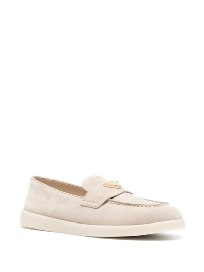 Shop Prada Women Suede Leather Loafers In Cream