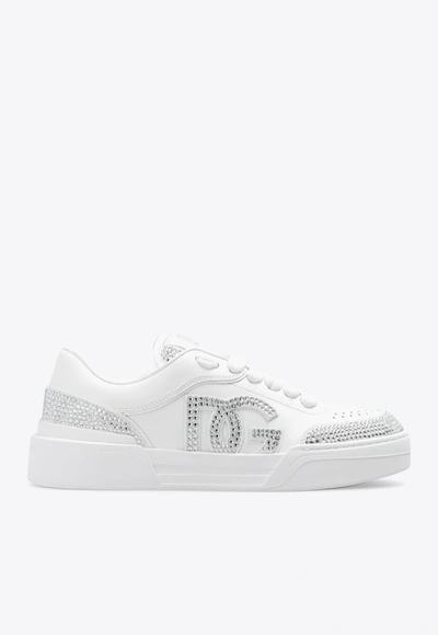 Shop Dolce & Gabbana Crystal-embellished Logo Sneakers In Leather In White