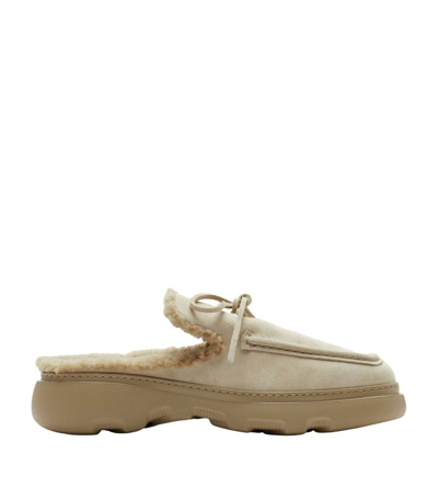 Shop Burberry Suede Shearling-lined Stony Mules In Neutrals