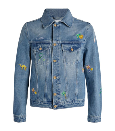 Shop Casablanca Embroidered Denim Jacket In Blue