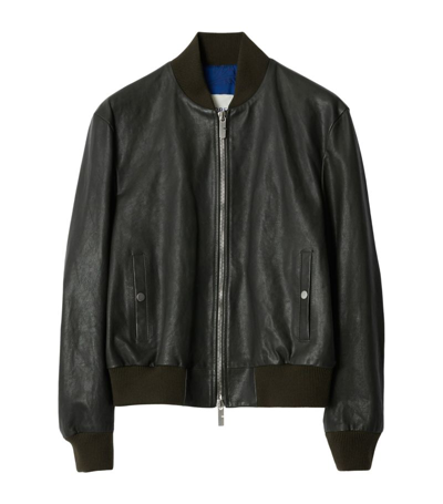 Shop Burberry Leather Bomber Jacket In Black