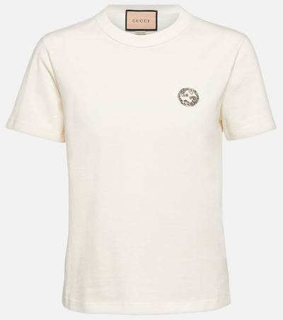 Shop Gucci Embellished Cotton Jersey T-shirt In Weiss