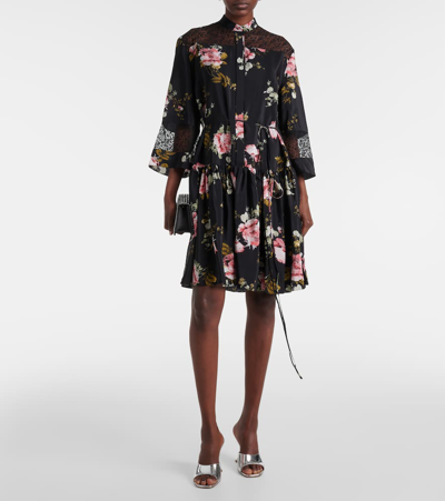 Shop Erdem Floral Silk Crêpe De Chine Minidress In Black