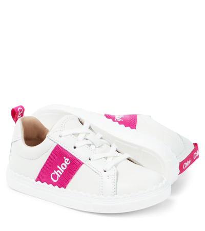 Shop Chloé Kids Logo Leather Sneakers In White