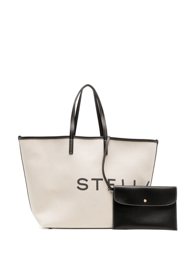 Shop Stella Mccartney Logo Canvas Tote Bag In Beige