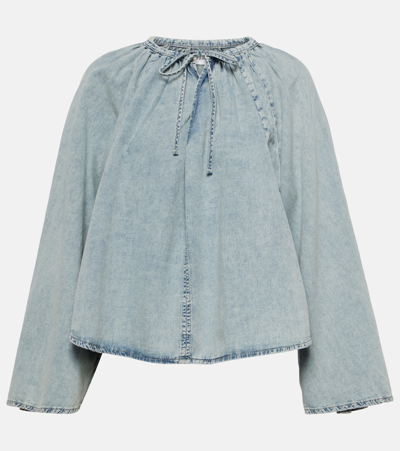 Shop Frame Cotton And Linen Denim Top In Blue
