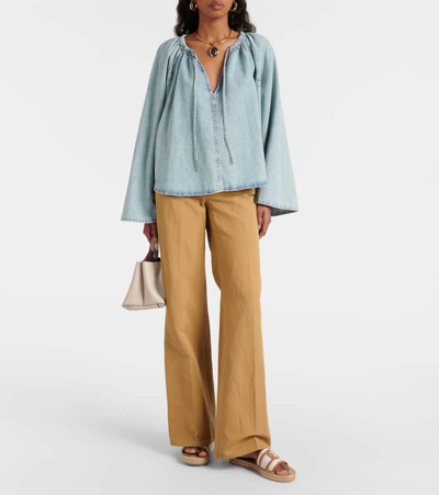 Frame Tie Neck Denim Top In Blue