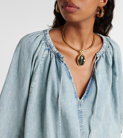 Frame Tie Neck Denim Top In Blue