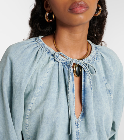 Frame Tie Neck Denim Top In Blue