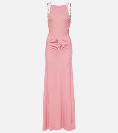 Shop Rabanne Embellished Ruched Velvet Gown In Pink