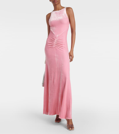 Shop Rabanne Embellished Ruched Velvet Gown In Pink