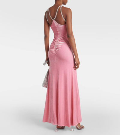 Shop Rabanne Embellished Ruched Velvet Gown In Pink