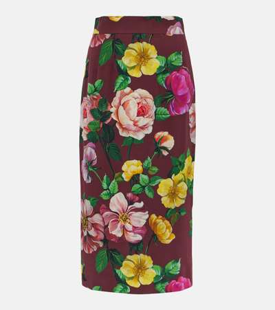 Shop Dolce & Gabbana Floral Silk-blend Charmeuse Midi Skirt In Brown