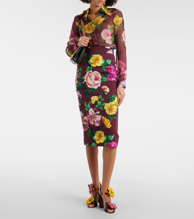 Shop Dolce & Gabbana Floral Silk-blend Charmeuse Midi Skirt In Brown