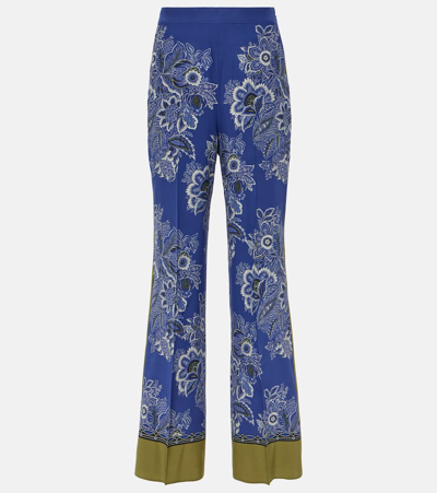 Etro High-rise Bandana Border-print Wide-leg Silk Pull-on Pants In Blue