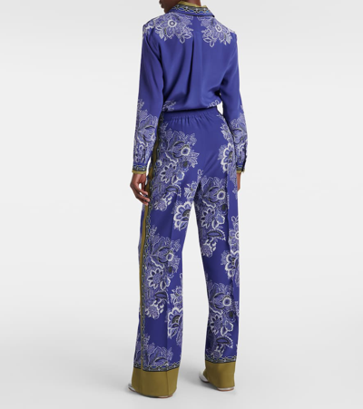 Etro High-rise Bandana Border-print Wide-leg Silk Pull-on Pants In Blue