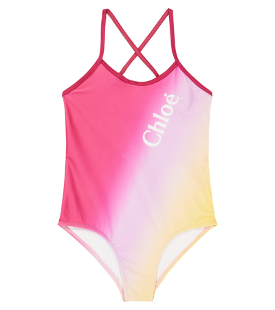Shop Chloé Kids Logo Tie-dye Swimsuit In Pink