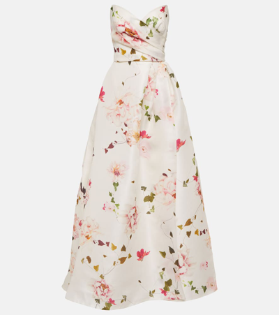 Shop Monique Lhuillier Floral Strapless Silk Gown In Multicoloured