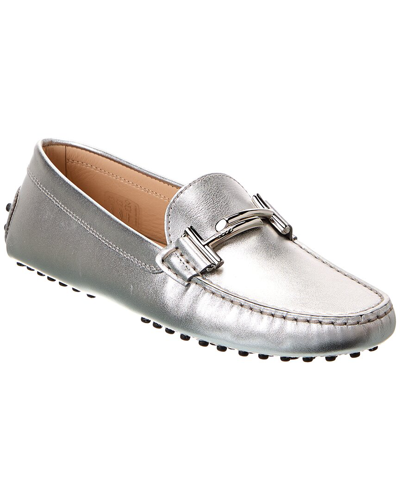 Shop Tod's Gommini Double T Metallic Leather Loafer In Silver