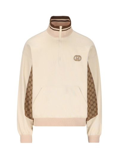 Shop Gucci Technical Jersey Half Zip Jacket In Beige