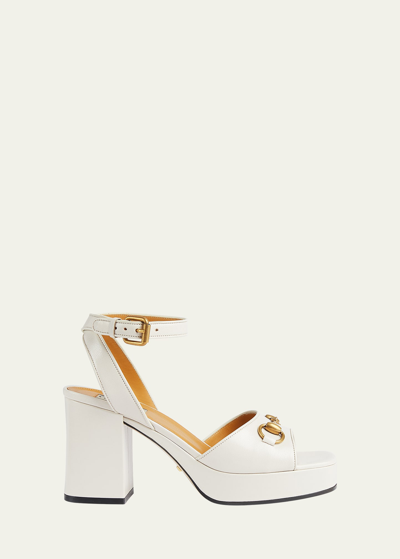 Shop Gucci Lady Leather Horsebit Platform Sandals In Mystic White
