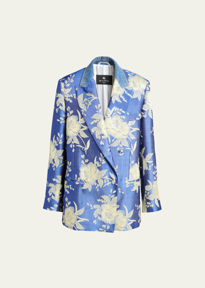 Shop Etro Mixed-media Floral Print Double-breasted Blazer In Bicolour