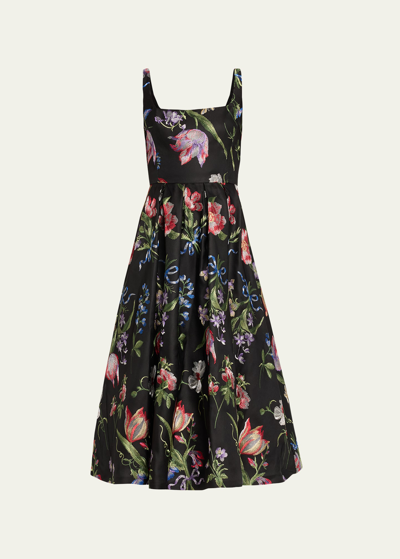 Shop Marchesa Notte Floral Square-neck A-line Midi Dress In Black Multi