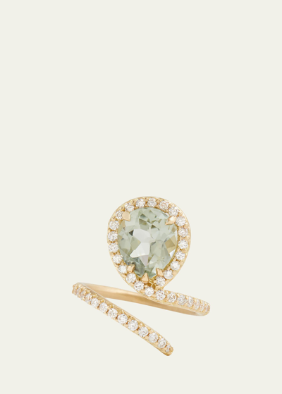 Shop Jamie Wolf 18k Yellow Gold Script Vertical Pear Shape Ring With Light Green Tourmaline And Diamonds In Yg