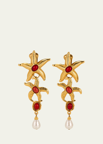 Shop Ben-amun Starfish Clip On Earrings With Pearly Drops And Coral Stones In Yg