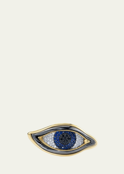 Shop Vram 18k Yellow Gold And Silver Eye Of Chrona Ring With White Diamonds, Sapphires And Black Diamonds