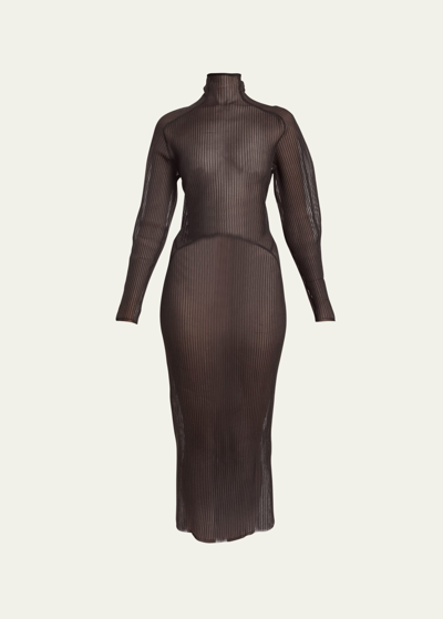 Shop Alaïa Long-sleeve Sheer Mock-neck Midi Dress In Marron Fonce
