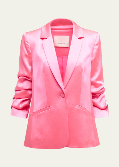 Shop Cinq À Sept Kylie Scrunched-sleeve Satin Blazer In Electric Pink