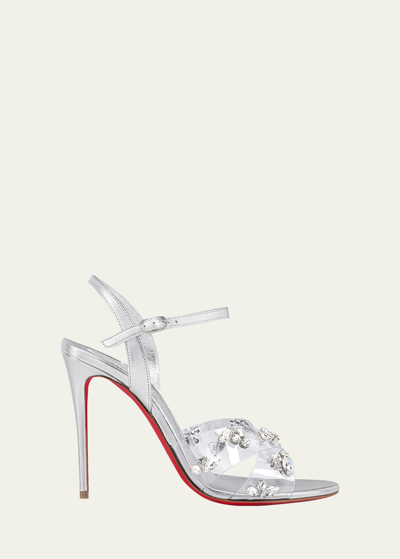 Shop Christian Louboutin Queen Red Sole Metallic Stiletto Sandals In Crystal/silver
