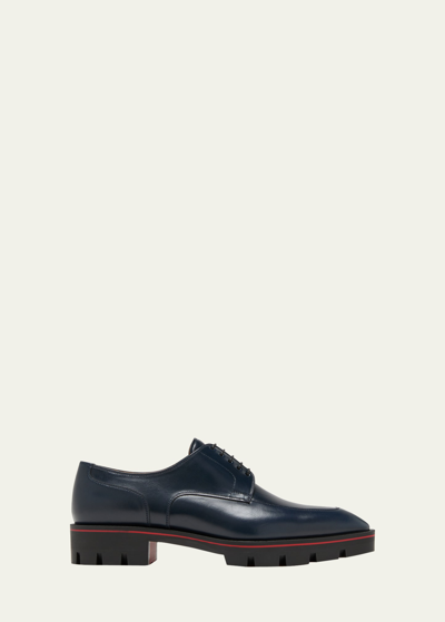Shop Christian Louboutin Men's Davisol Leather Derby Shoes In Marine