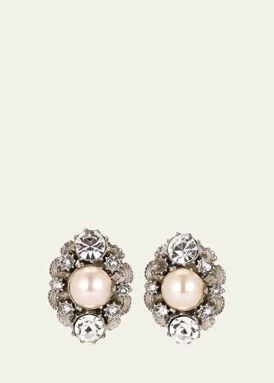 Shop Ben-amun Silver Crystal Oval Clip On Earrings With Pearly Center