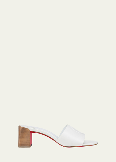 Shop Christian Louboutin Leather Logo Block-heel Mules In Bianco