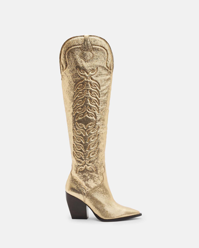 Shop Allsaints Roxanne Knee High Metallic Leather Boots In Metallic Gold