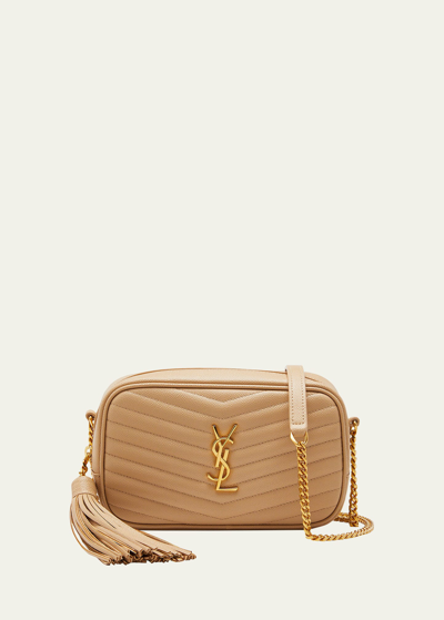 Shop Saint Laurent Lou Mini Camera Bag In Grained Quilted Leather With Tassel And Gold Hardware In Dark Natural/gold