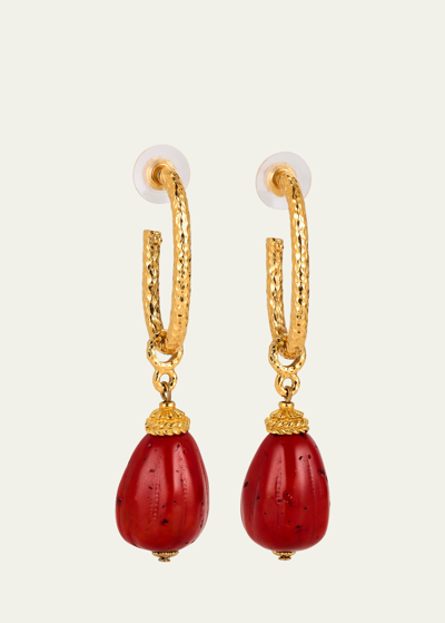 Shop Ben-amun Hoop Earrings With Coral Pendants In Yg
