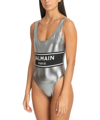 Shop Balmain Swimsuit In Silver