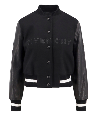 Givenchy Wool Blend Parka With Leather Sleeves And Iconic Branding In Black